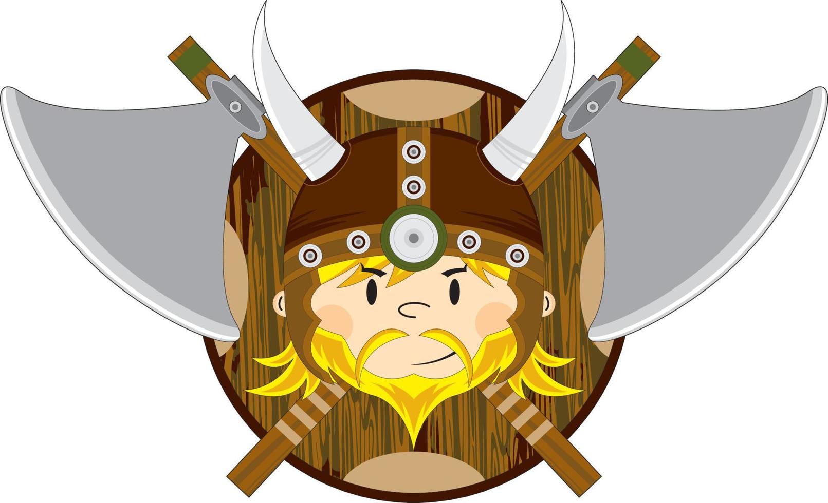 Cute Cartoon Viking Warrior with Shield and Axes vector