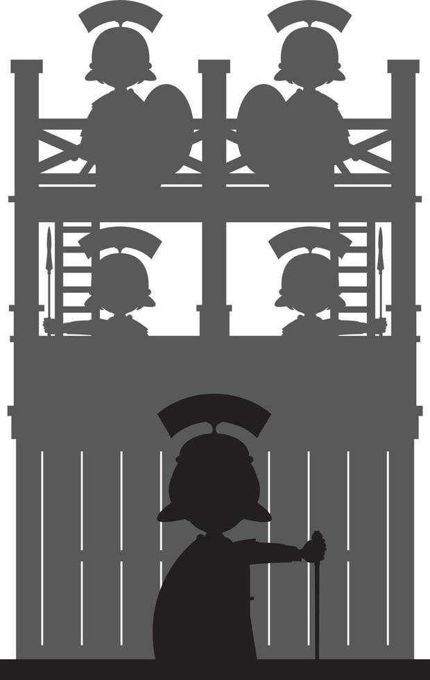 Cartoon Roman Soldiers at Tower Fort Silhouette - History Illustration vector