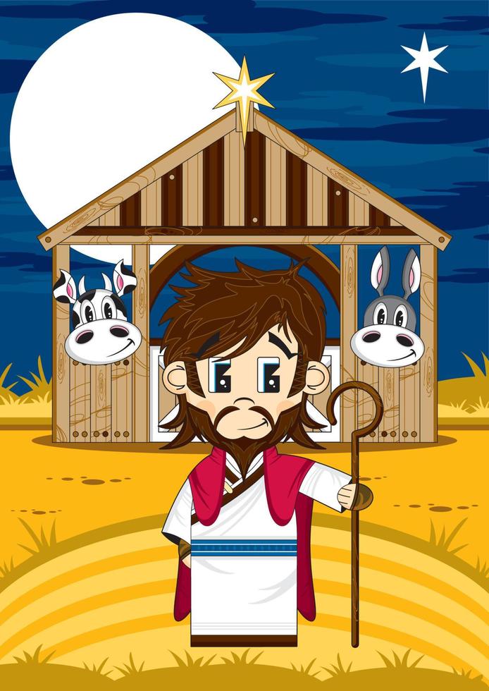 dibujos animados Jesús Cristo y animales a granero bíblico ilustración vector