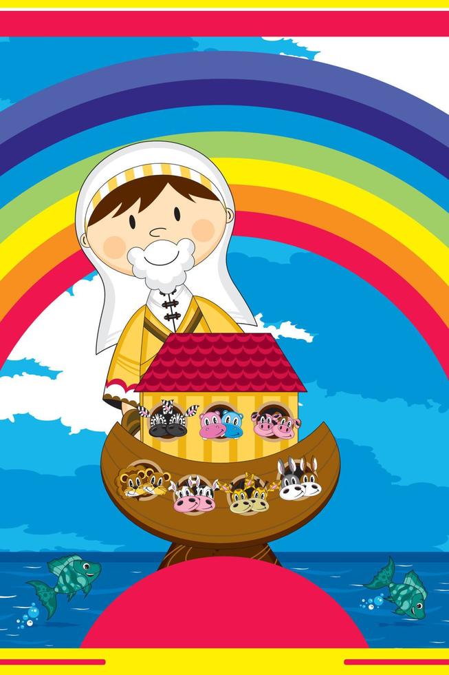 Noah and the Ark with Animals Two by Two - Biblical Illustration vector