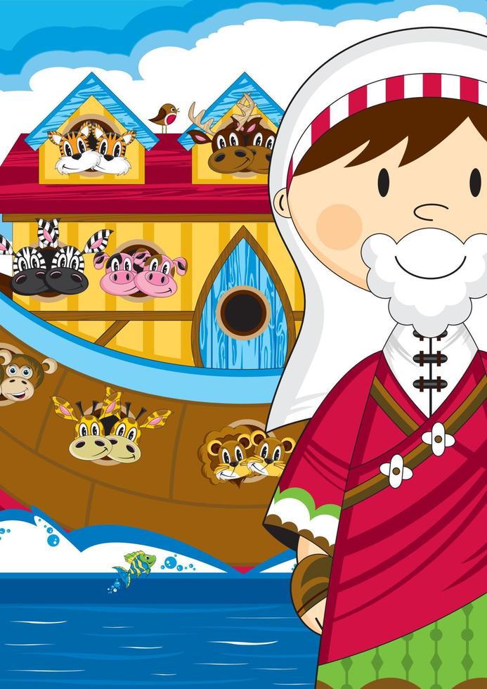 Noah and the Ark with Animals Two by Two - Biblical Illustration vector