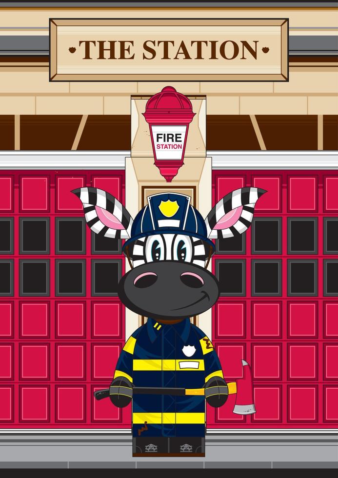dibujos animados cebra bombero con hacha a fuego casa vector