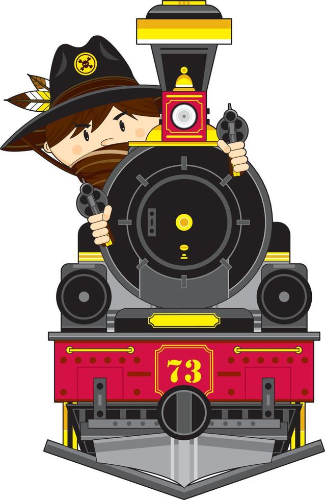 Cute Cartoon Wild West Cowboy Sheriff with Steam Train vector