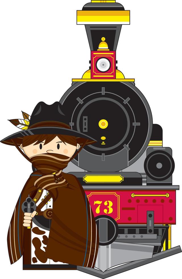 linda dibujos animados salvaje Oeste vaquero en poncho con vapor tren vector