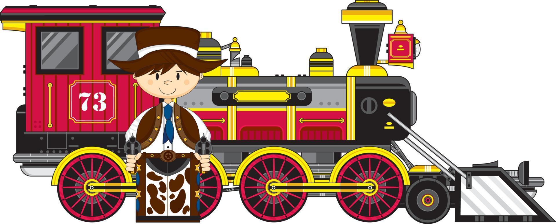 linda dibujos animados salvaje Oeste vaquero pistolero con vapor tren vector