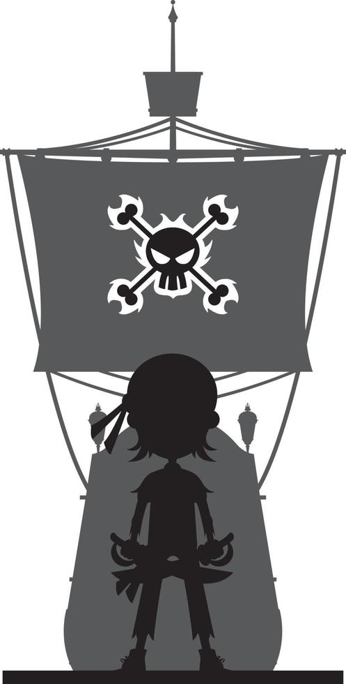 Cartoon Swashbuckling Pirate with Ship in Silhouette vector