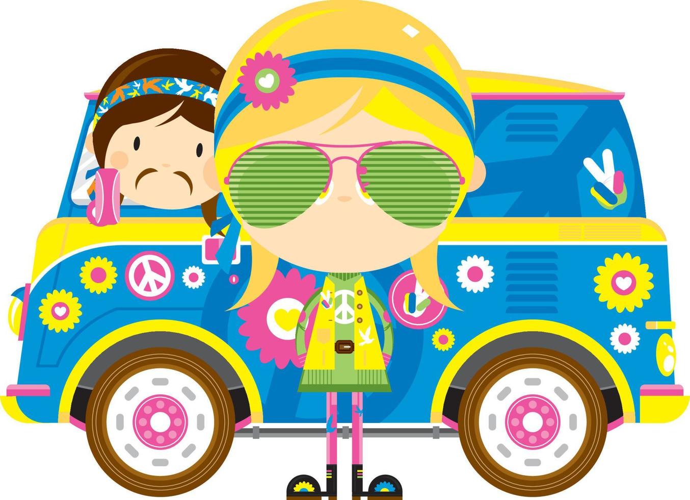 Cartoon Sixties Hippies with Camper Van vector