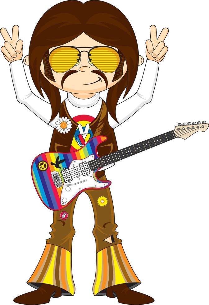dibujos animados sesenta hippie personaje con eléctrico guitarra vector