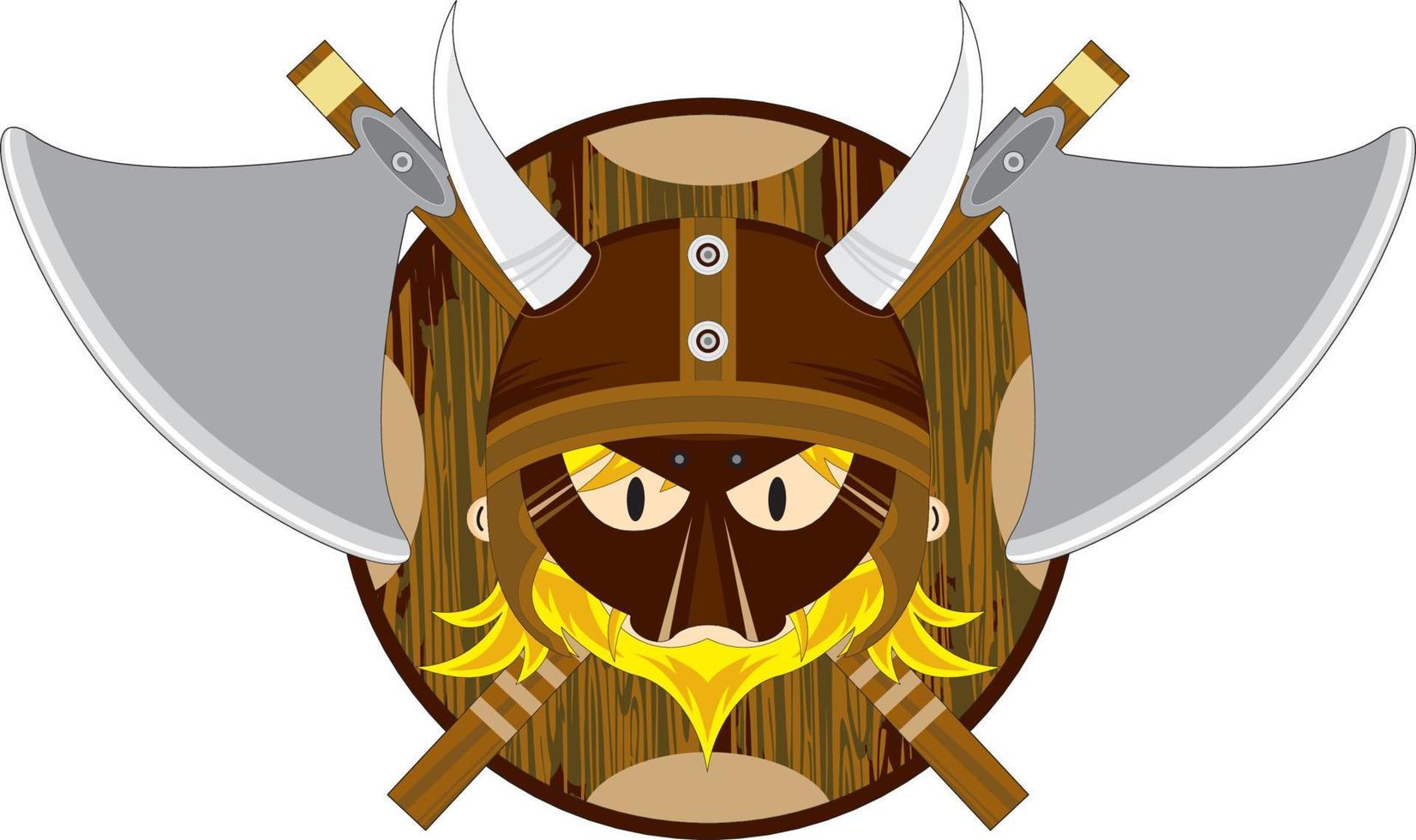 linda dibujos animados vikingo guerrero con proteger y hachas vector