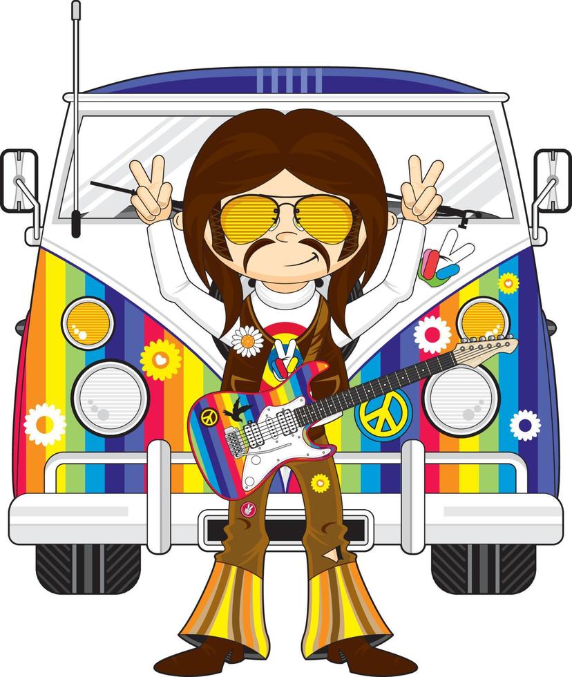 dibujos animados sesenta hippie personaje con eléctrico guitarra y camper camioneta vector