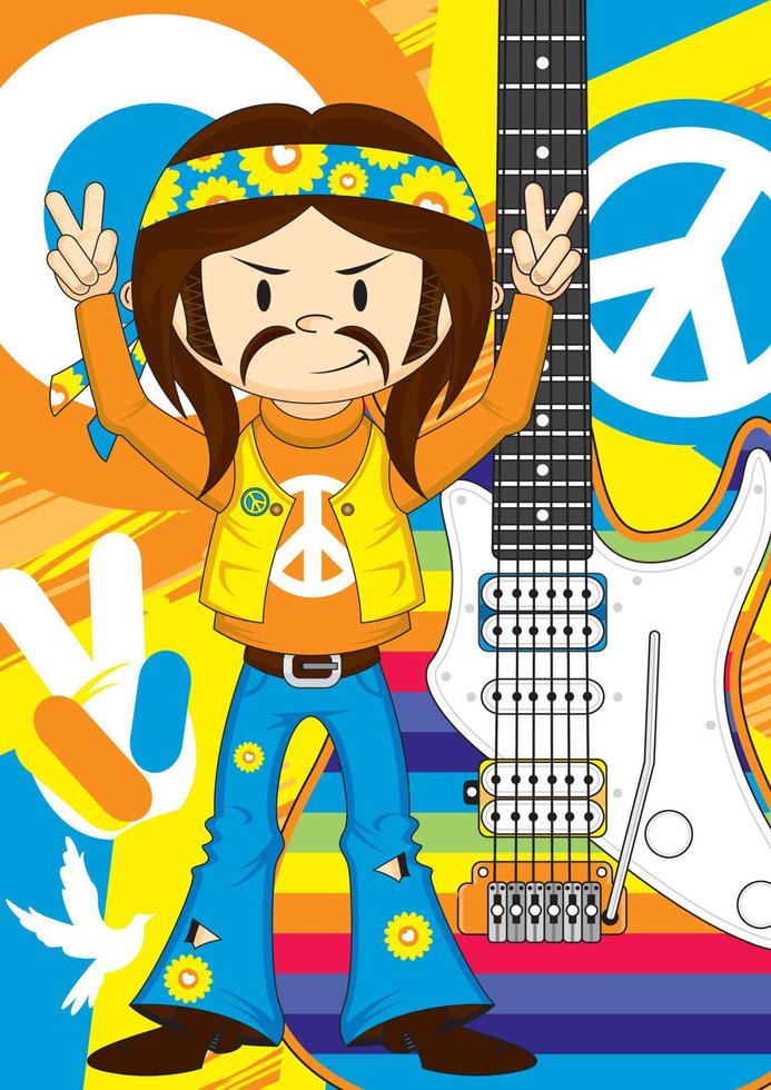 dibujos animados sesenta hippie personaje con eléctrico guitarra vector