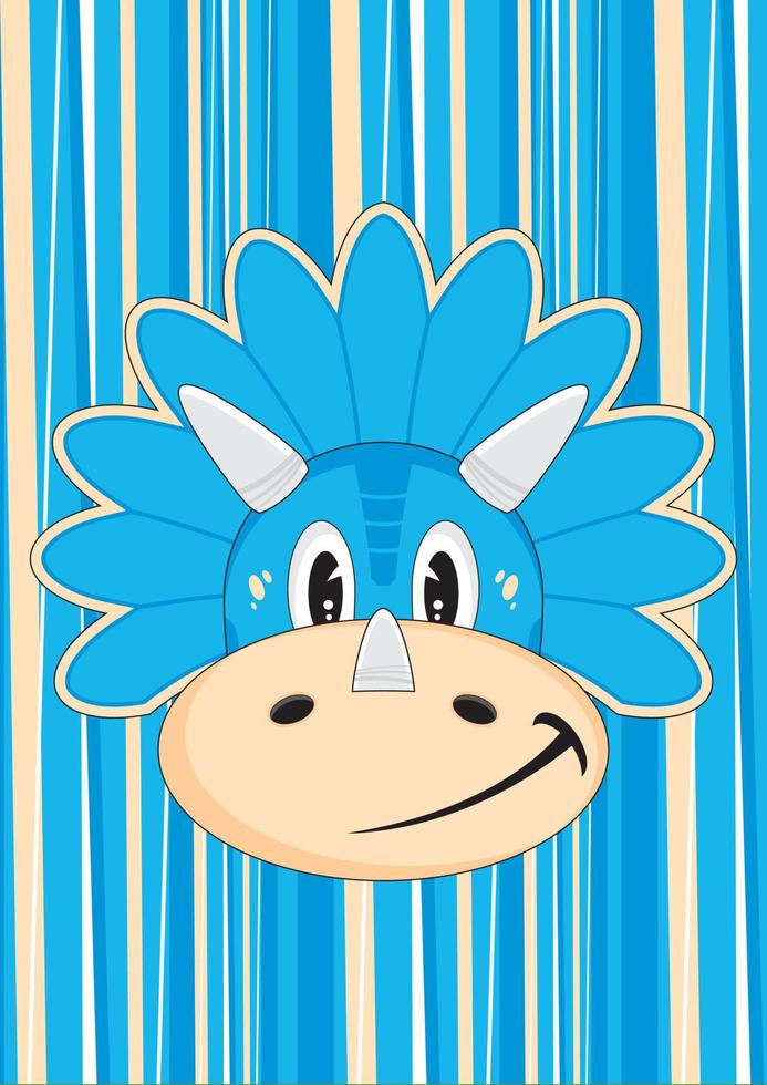 Cartoon Blue Cretaceous Period Triceratops Dinosaur on Striped Background vector