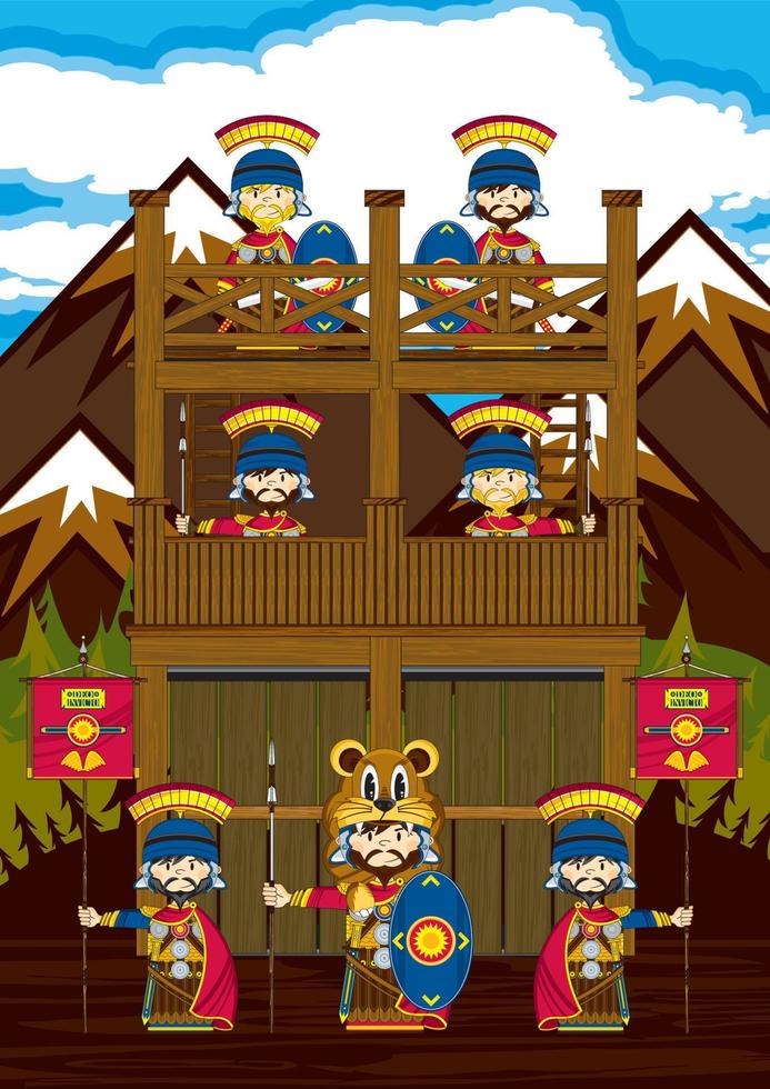 Cute Cartoon Roman Soldiers at Tower Fort History Illustration vector