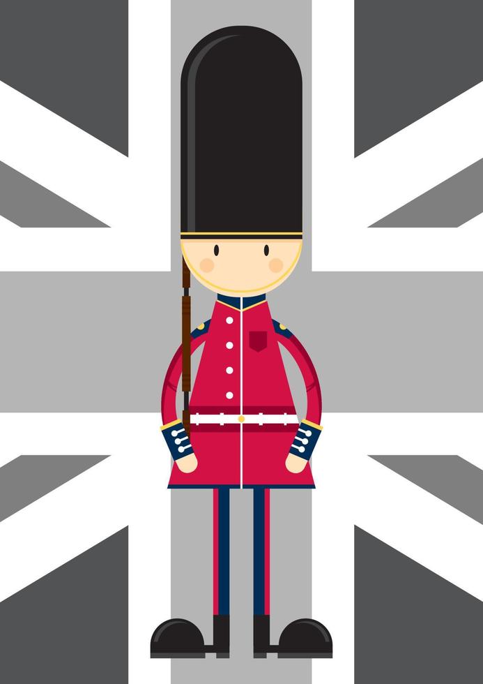 dibujos animados británico alabardero de la Torre de Londres real Guardia en Unión Jack bandera vector