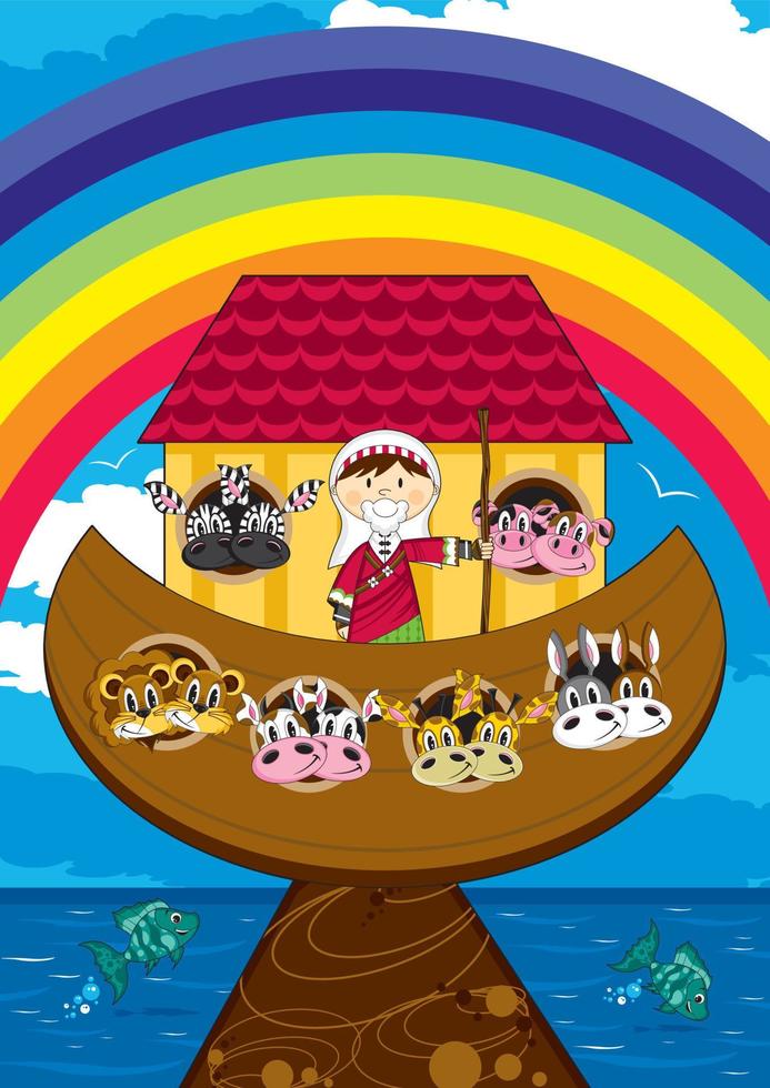 Noah and the Ark with Animals Two by Two - Biblical Illustration vector