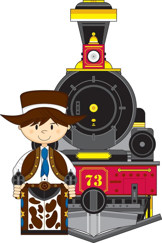 linda dibujos animados salvaje Oeste vaquero pistolero con vapor tren vector