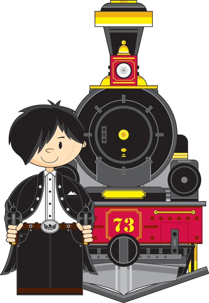 Cute Cartoon Wild West Cowboy Gunslinger with Steam Train vector