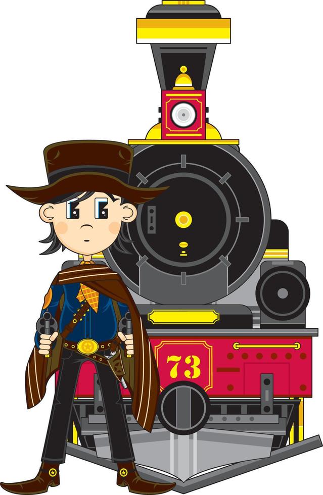 Cute Cartoon Wild West Cowboy Gunslinger in Poncho with Steam Train vector