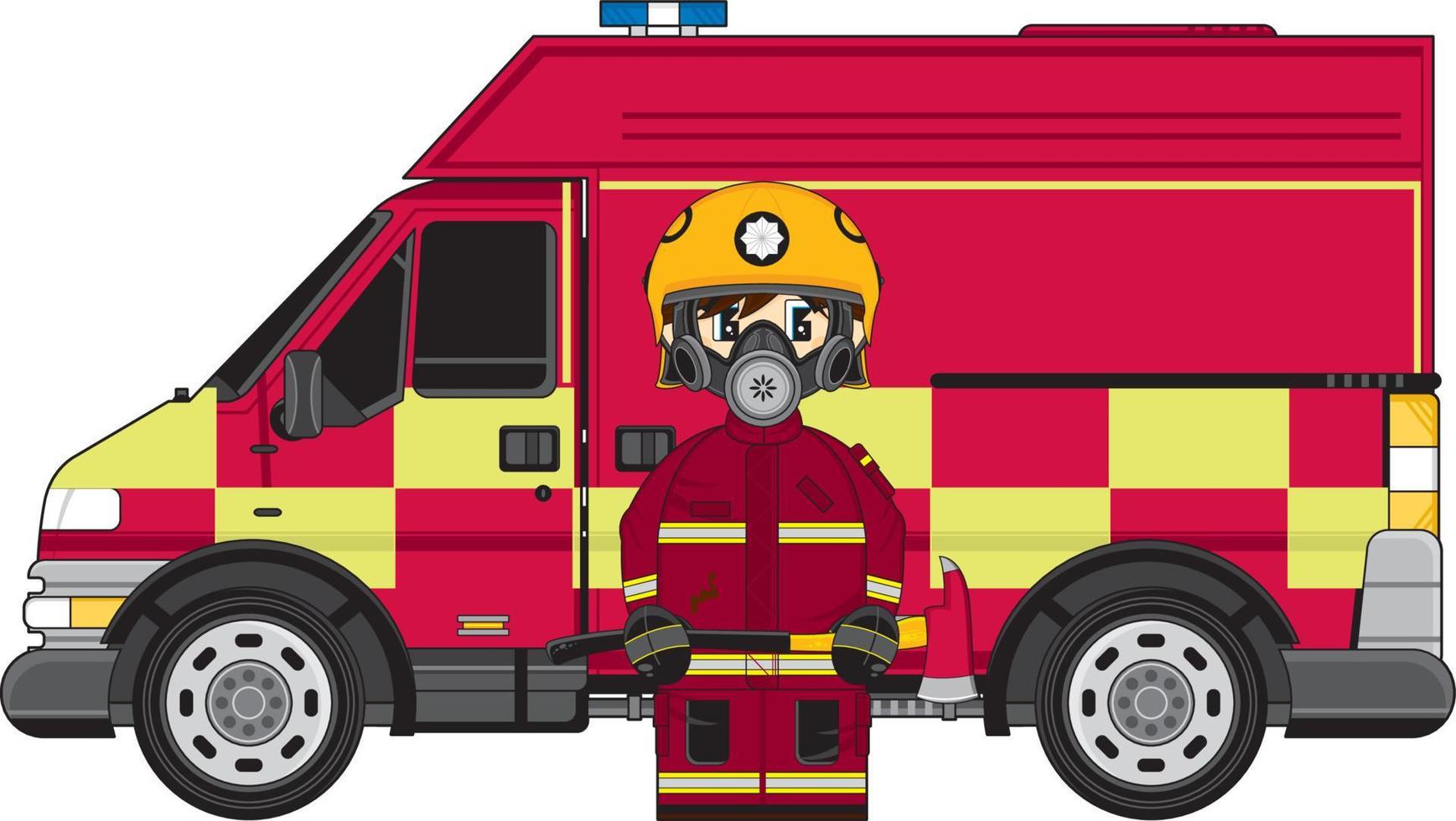 Cute UK Cartoon Fireman and Fire Engine vector