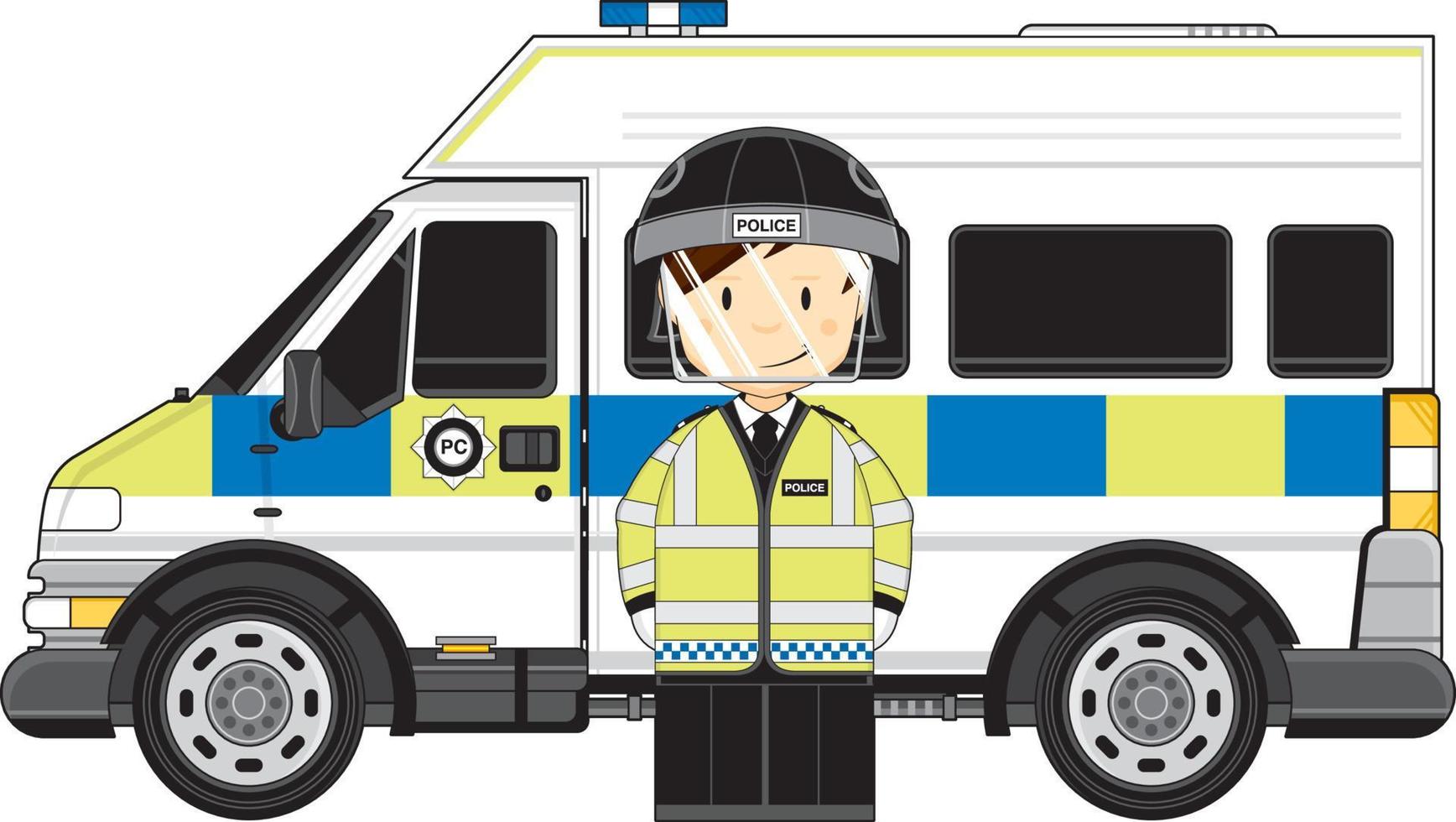 Cartoon Classic British Riot Policeman and Police Van vector