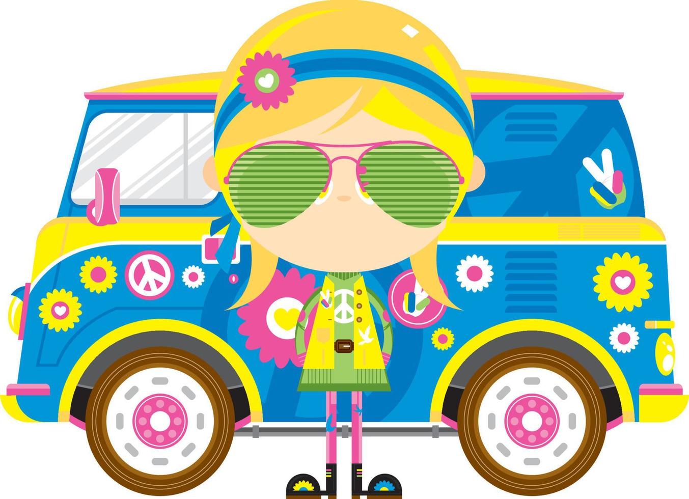 Cartoon Sixties Hippies with Camper Van vector