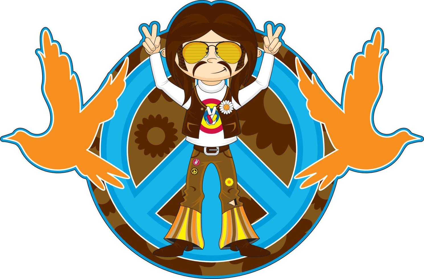 Cartoon Sixties Hippie Character with Peace Doves vector