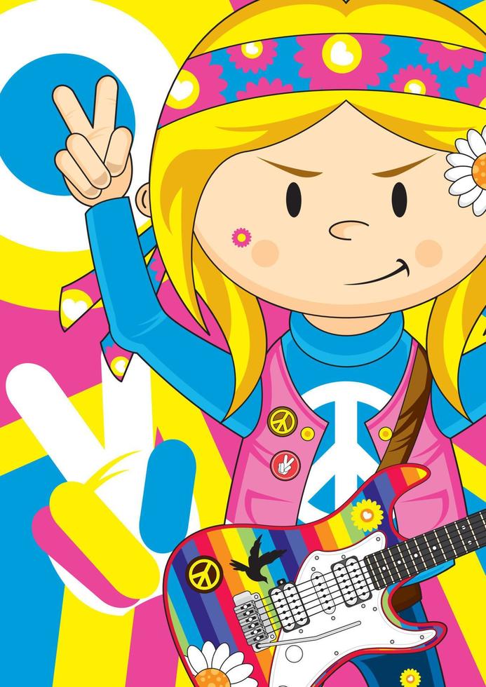 Cartoon Sixties Hippie Girl with Electric Guitar vector