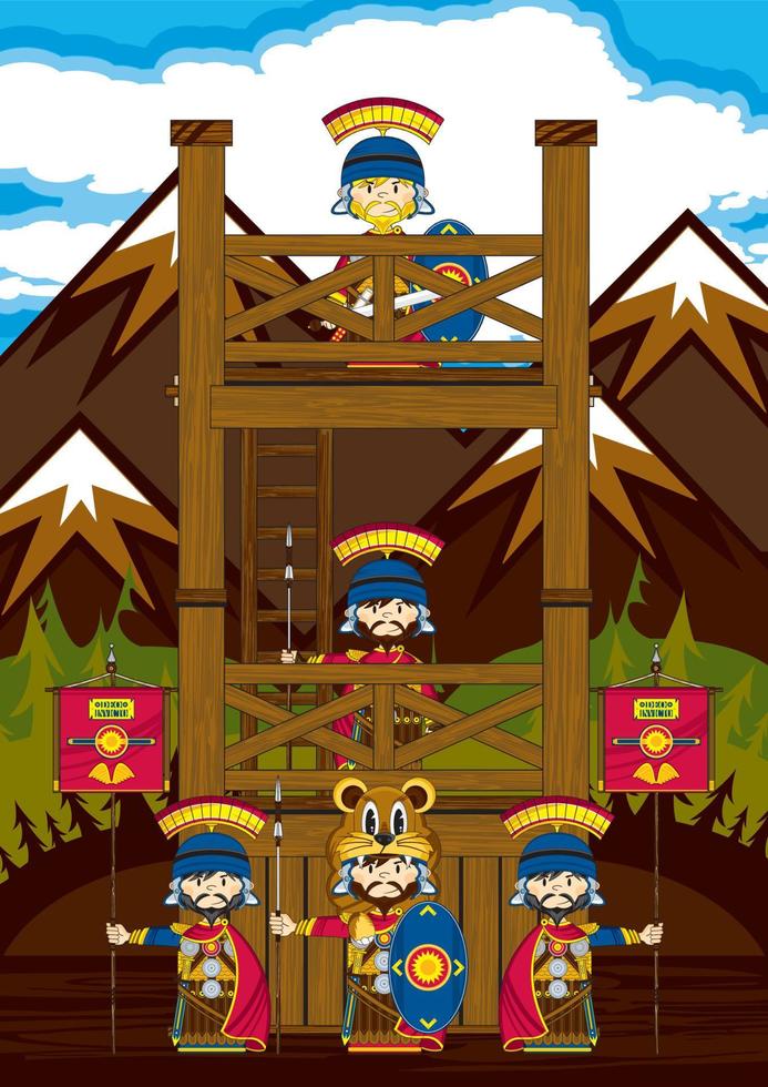 Cute Cartoon Roman Soldiers at Tower Fort History Illustration vector