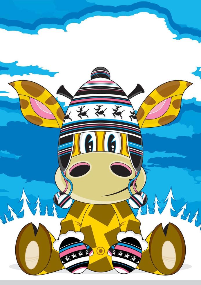 linda dibujos animados jirafa personaje en lanoso sombrero y mitones vector