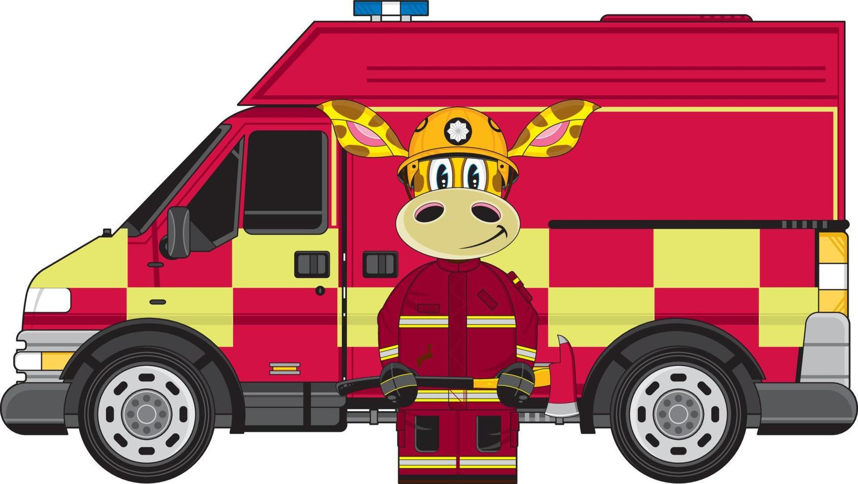 Cute Cartoon British Giraffe Fireman and Fire Engine vector