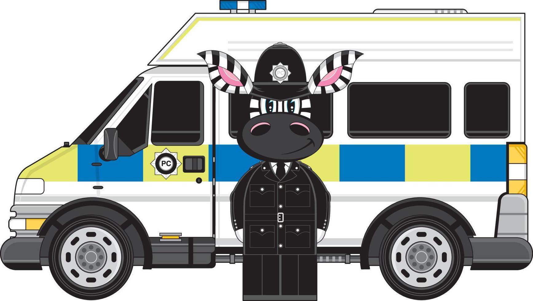 Cartoon Classic British Zebra Policeman and Police Van vector