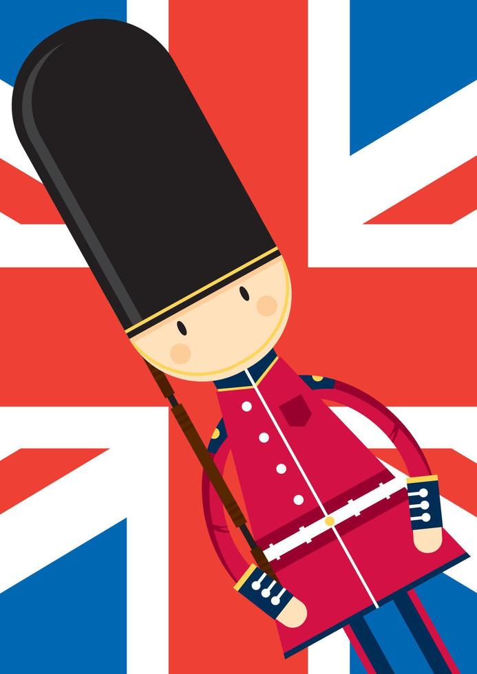 Cartoon British Beefeater Royal Guard on Union Jack Flag vector