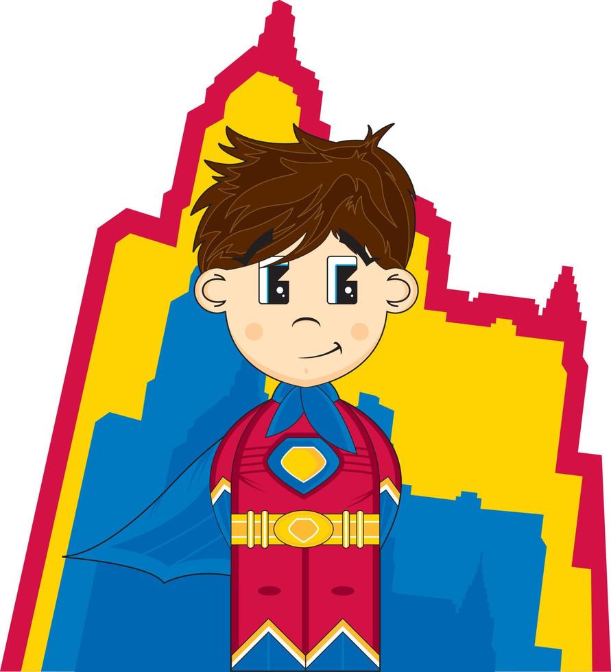 dibujos animados heroico superhéroe personaje y rascacielos vector