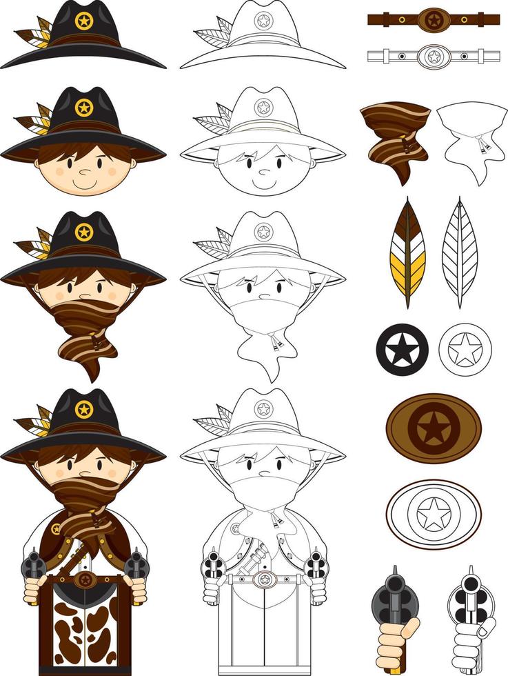 Cute Cartoon Masked Wild West Cowboy Sheriff Set vector