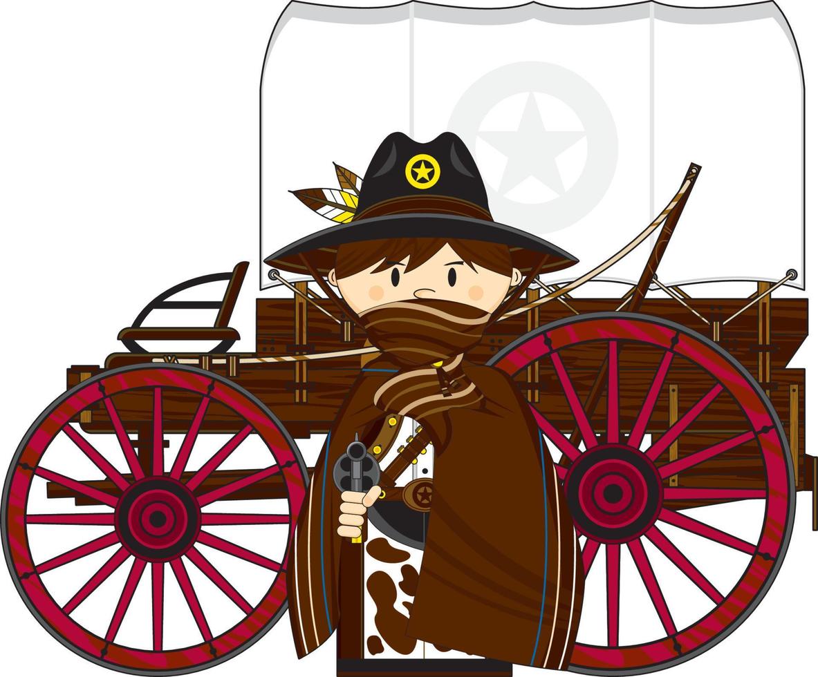 linda dibujos animados salvaje Oeste enmascarado vaquero alguacil con arrojar vagón vector