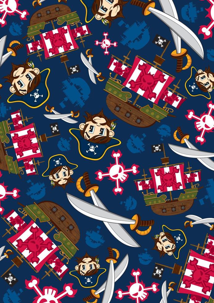 Cute Cartoon Swashbuckling Pirate and Ship Pattern vector