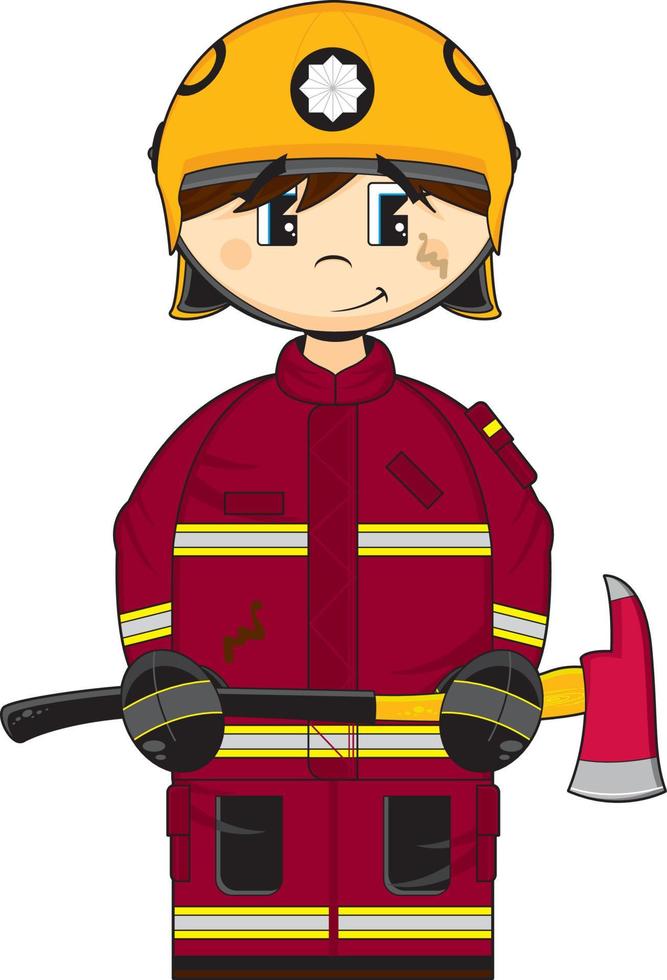 linda dibujos animados Reino Unido bombero personaje con hacha vector