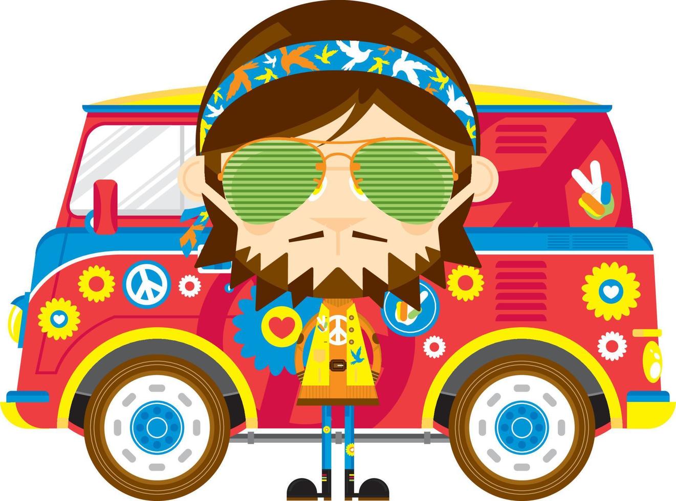 dibujos animados sesenta hippies con camper camioneta vector