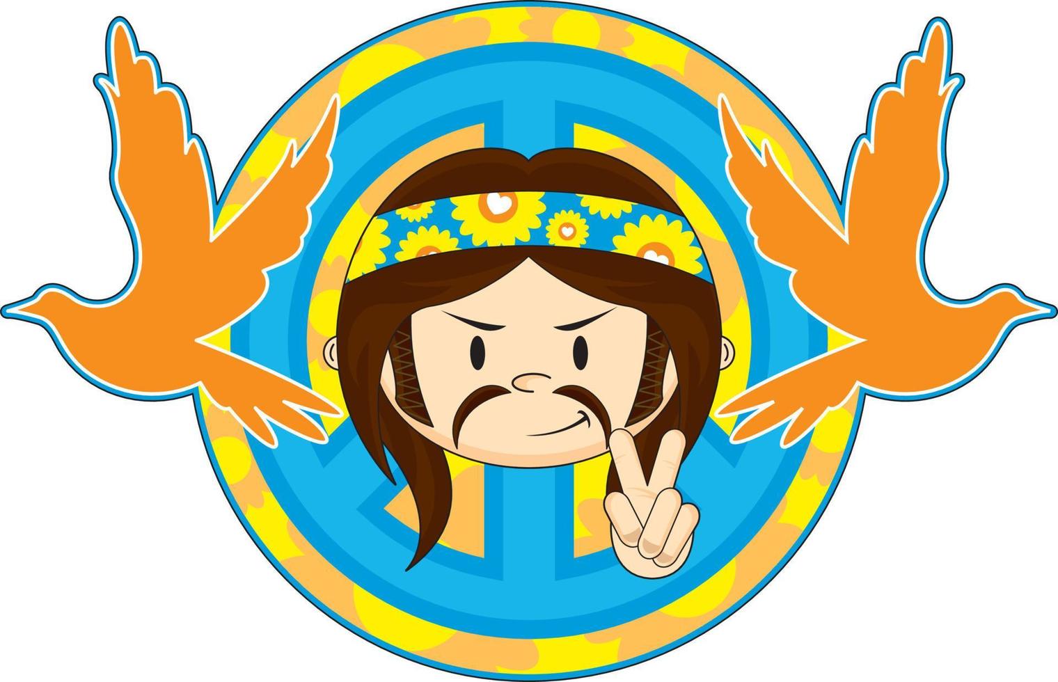 dibujos animados sesenta hippie personaje con paz palomas vector