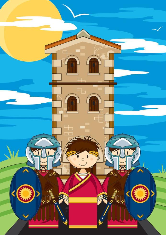 Cute Cartoon Roman Soldiers and Emperor Julius Caesar at Tower Garrison History Illustration vector