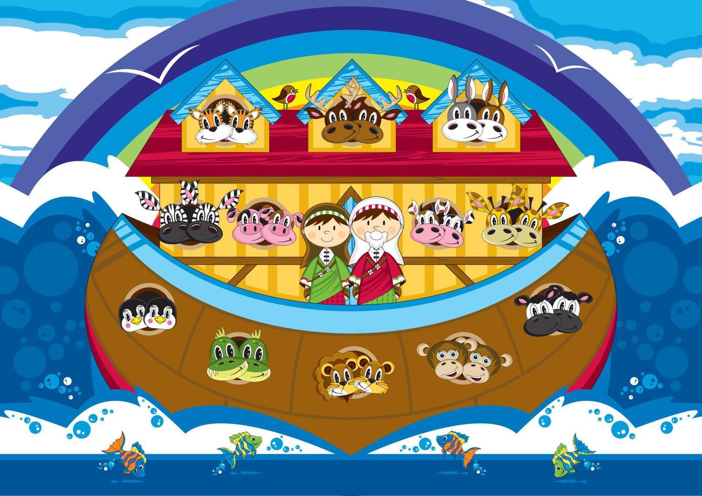 Noah and the Ark with Animals Two by Two - Biblical Illustration vector