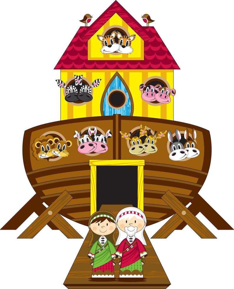 Noah and the Ark with Animals Two by Two - Biblical Illustration vector