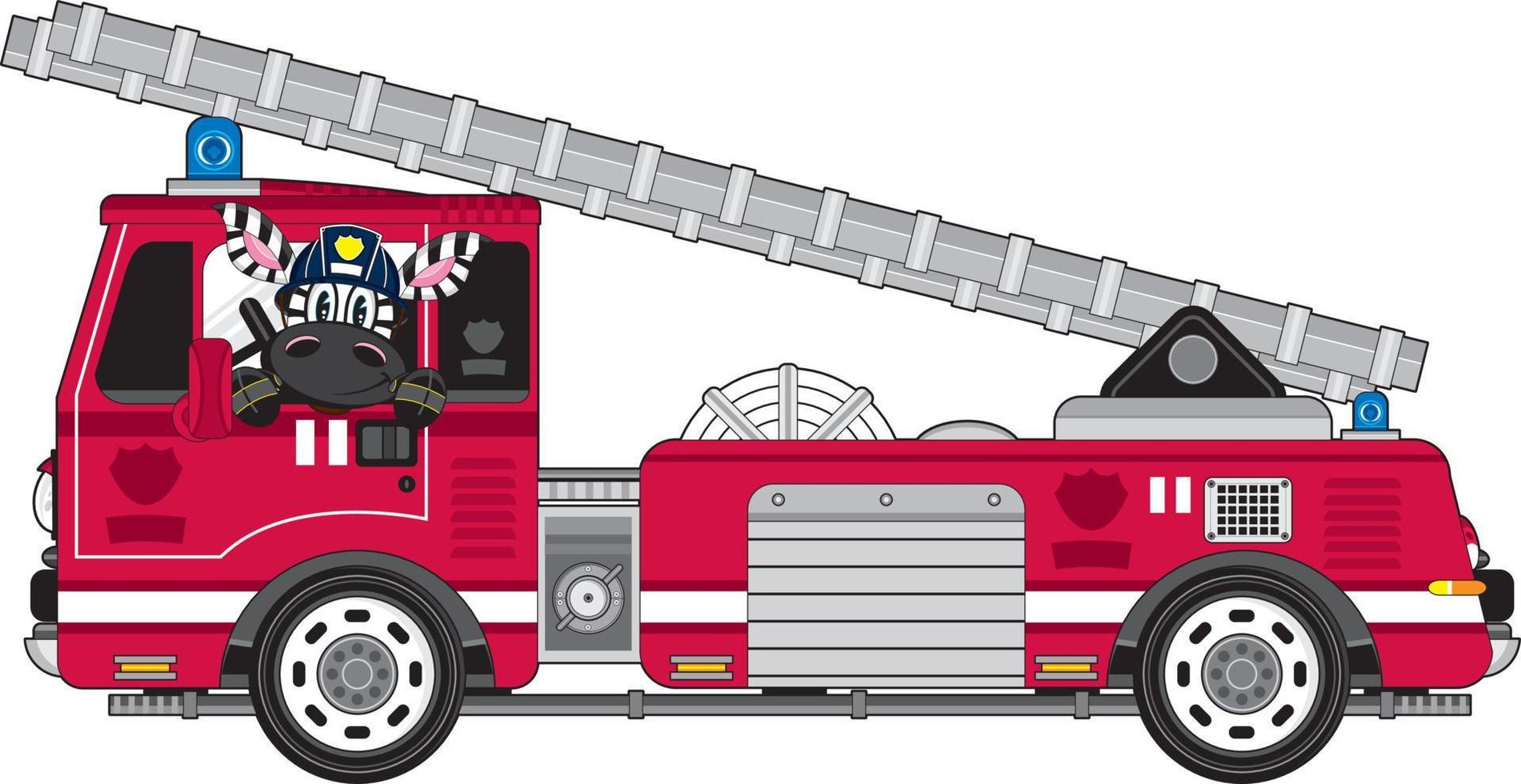 Cute Cartoon Zebra Fireman and Fire Engine vector