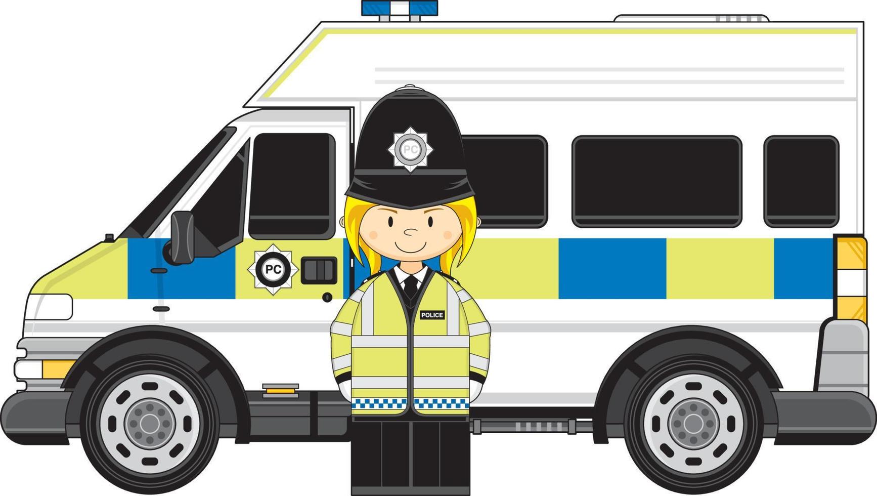 Cartoon Classic British Policewoman and Police Van vector
