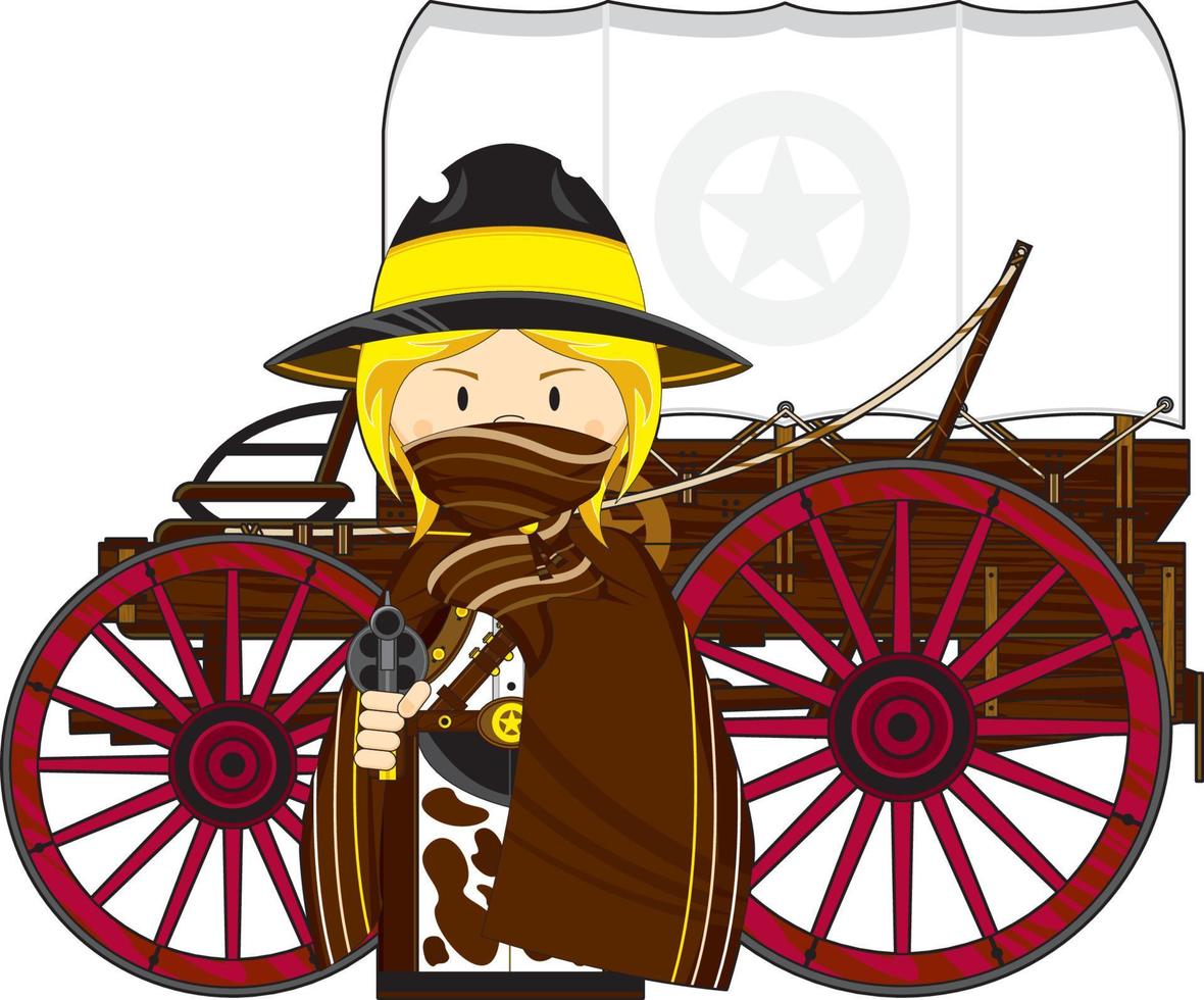 Cute Cartoon Wild West Cowgirl Gunslinger with Chuck Wagon vector