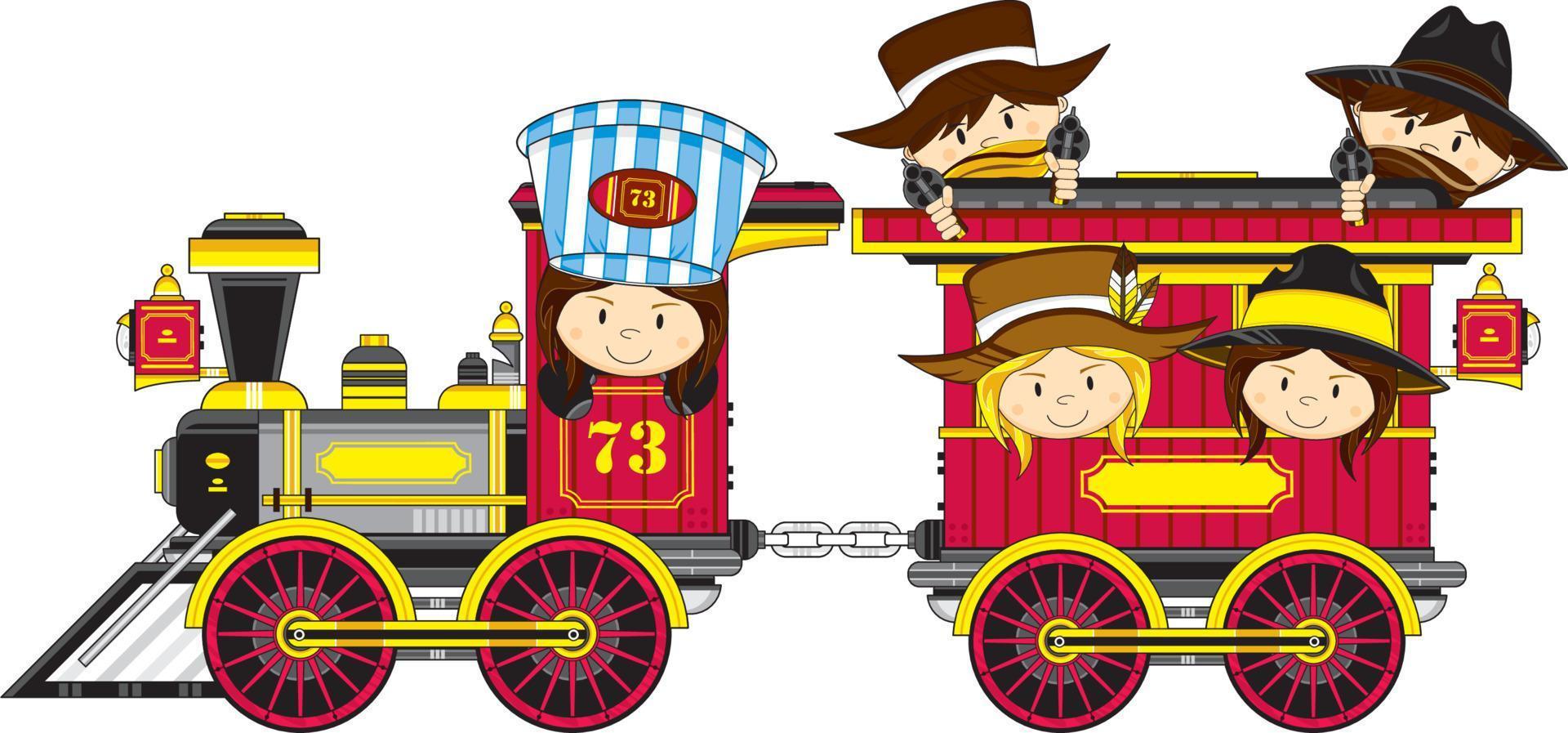 Cute Cartoon Wild West Cowboy Gunslingers in Steam Train vector