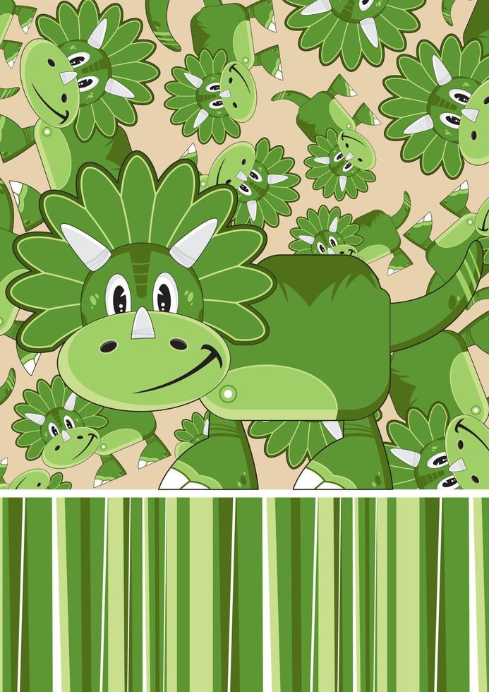 Cartoon Green Cretaceous Period Triceratops Dinosaur on Patterned Background vector