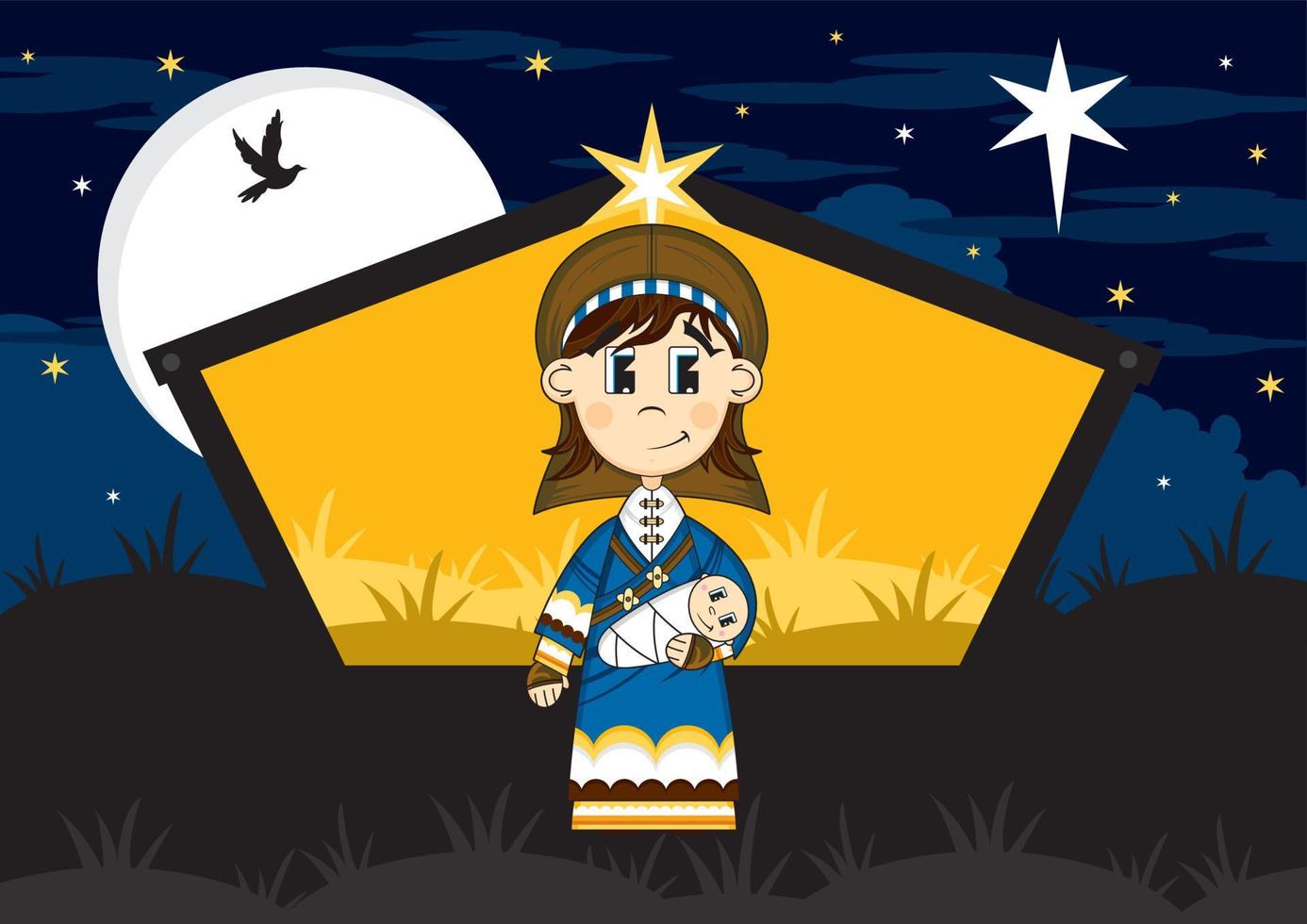 Cartoon Mary with Baby Jesus Christ at Stable Illustration vector