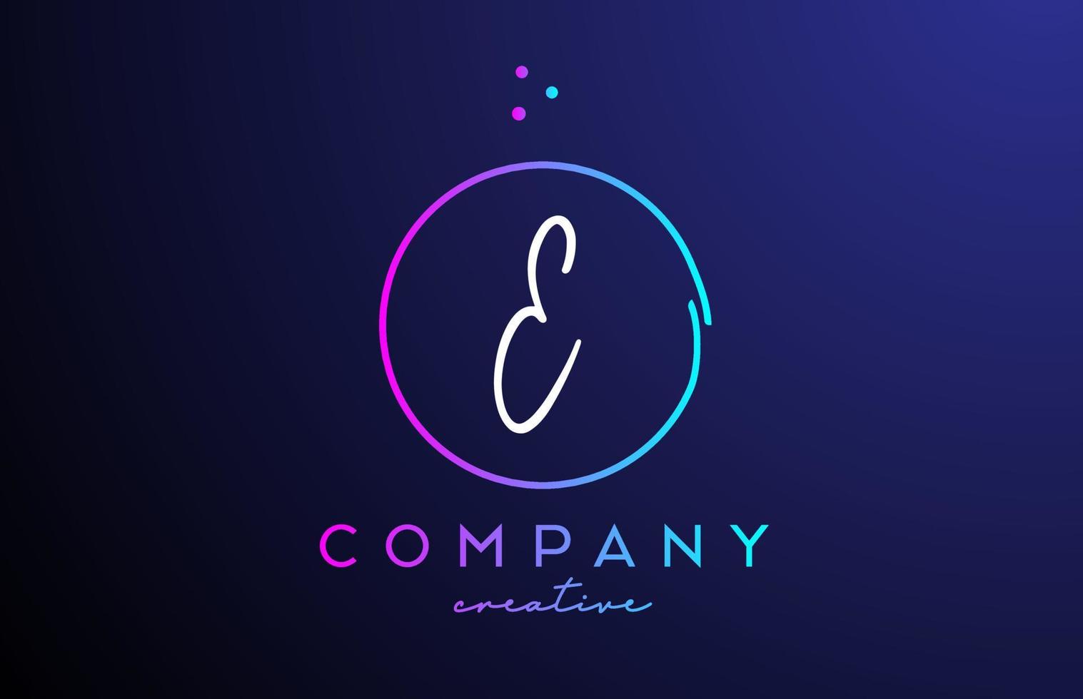 E handwritten alphabet letter logo with dots and pink blue circle. Corporate creative template design for business and company vector