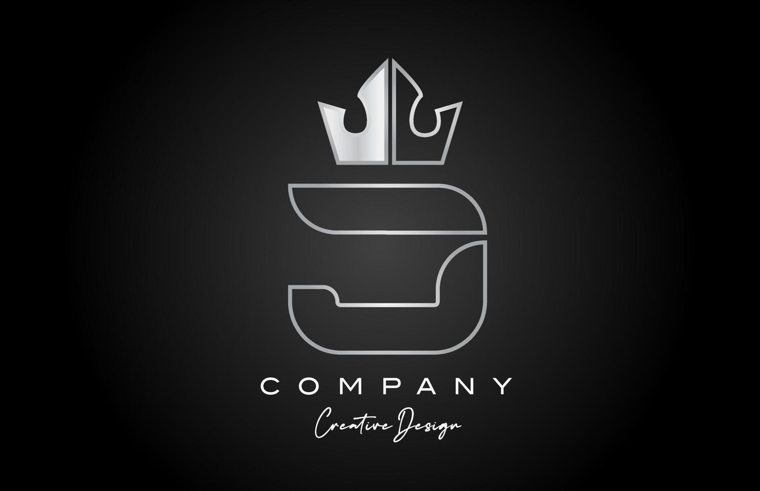 J metal alphabet letter logo icon design. Silver grey creative crown king template for business and company vector